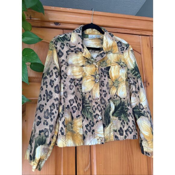 Chico’s 100% Linen Button Front Jacket Size 2 – Floral Leopard Print, - Picture 2 of 9
